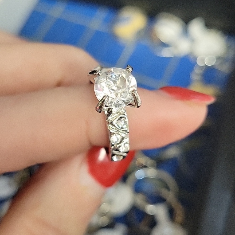 Rhinestone Faux Diamond Cocktail Silver Ring Size 6.5
